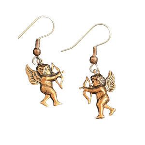 Vintage Copper Cherub Angels Drop Dangle Earrings 1.5" Long Valentine's Day